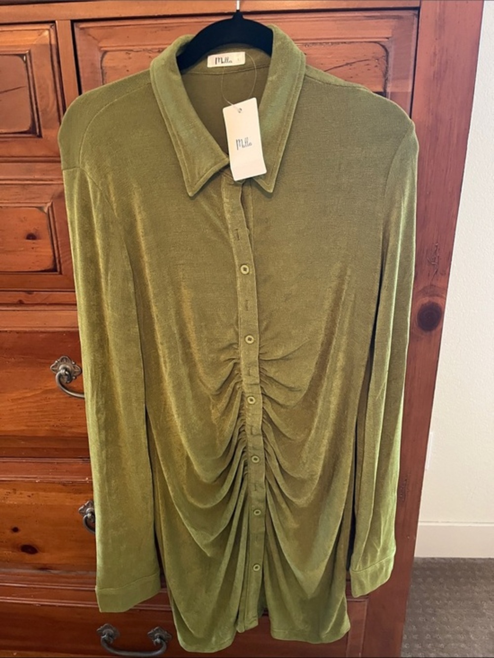 Mulla Olive Green Ruched Front Button-Down Tunic NWT